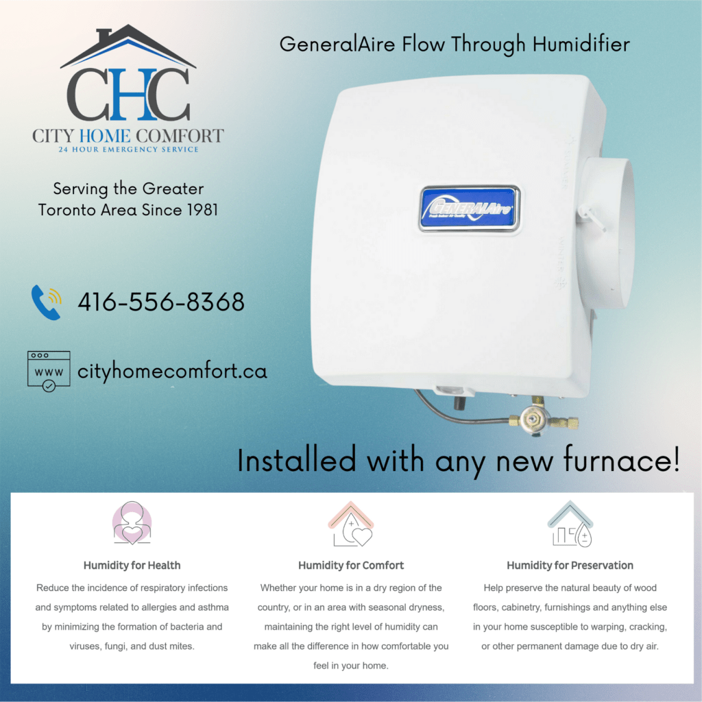 A promotional flyer for City Home Comfort featuring a GeneralAire Flow Through Humidifier. The flyer includes contact information, a website URL, and icons for Tumblr and Facebook. It highlights deals and the benefits of using a humidifier for health, comfort, and preservation.