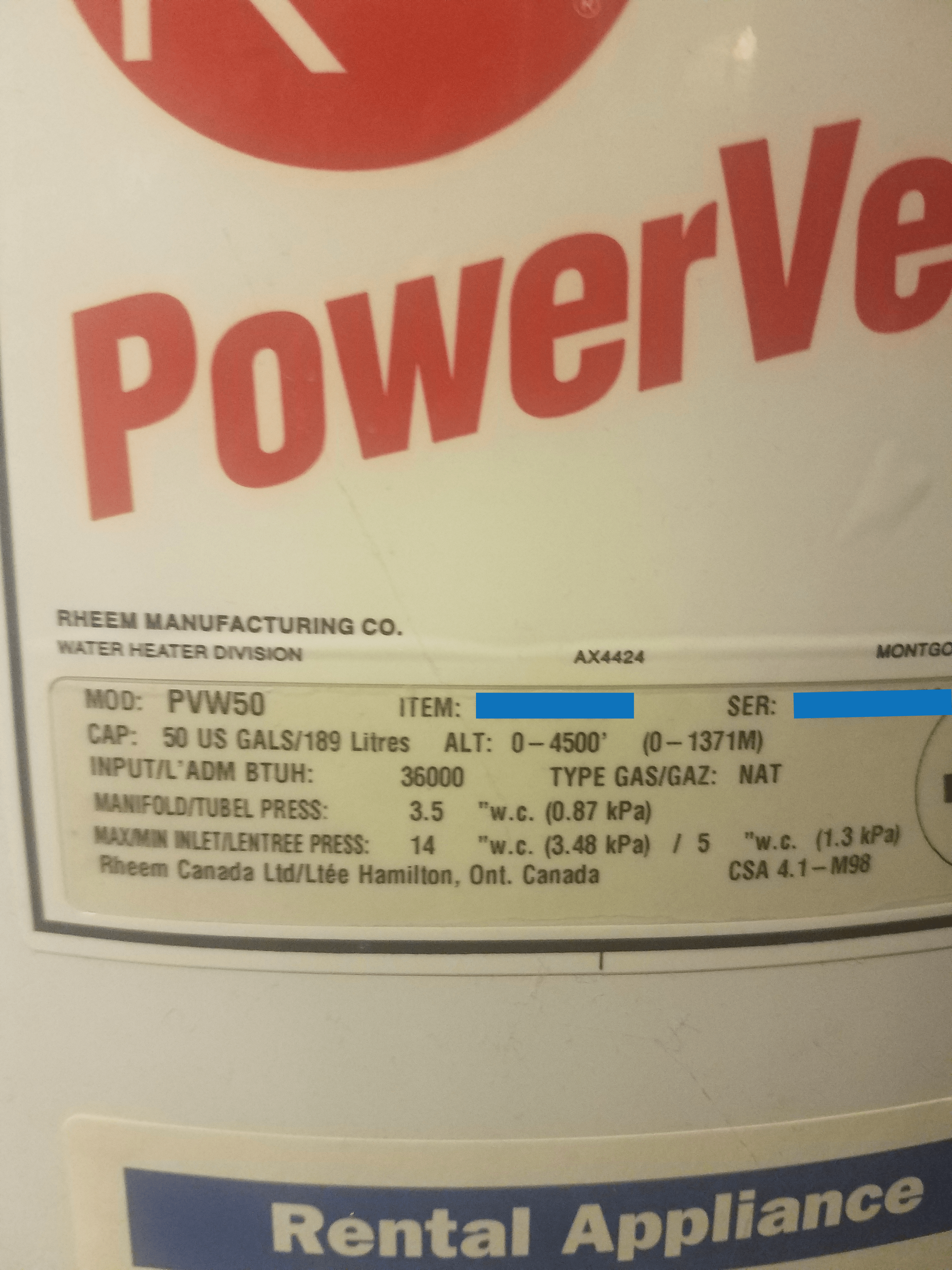 Water heater label example