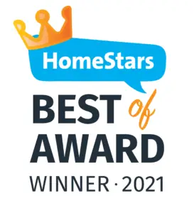 The image is a square logo featuring a crown-topped speech bubble with "HomeStars" written inside. Below, it reads "Best of Award Winner · 2021" in bold text. The logo has rounded corners.