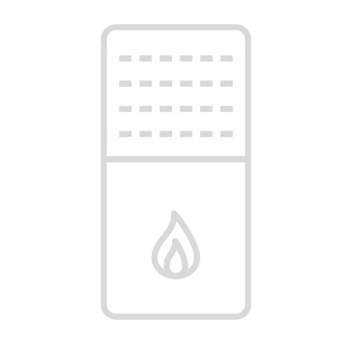A minimalistic illustration of a lighter. The design features a rectangular shape divided into two sections; the upper section has a grid pattern, and the lower section displays a flame icon. The illustration is set against a transparent background.