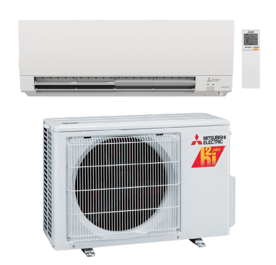 Wall-mounted Mitsubishi electric air conditioning unit with a remote control, shown above an outdoor condenser unit. Both units are branded with Mitsubishi logos and model details.