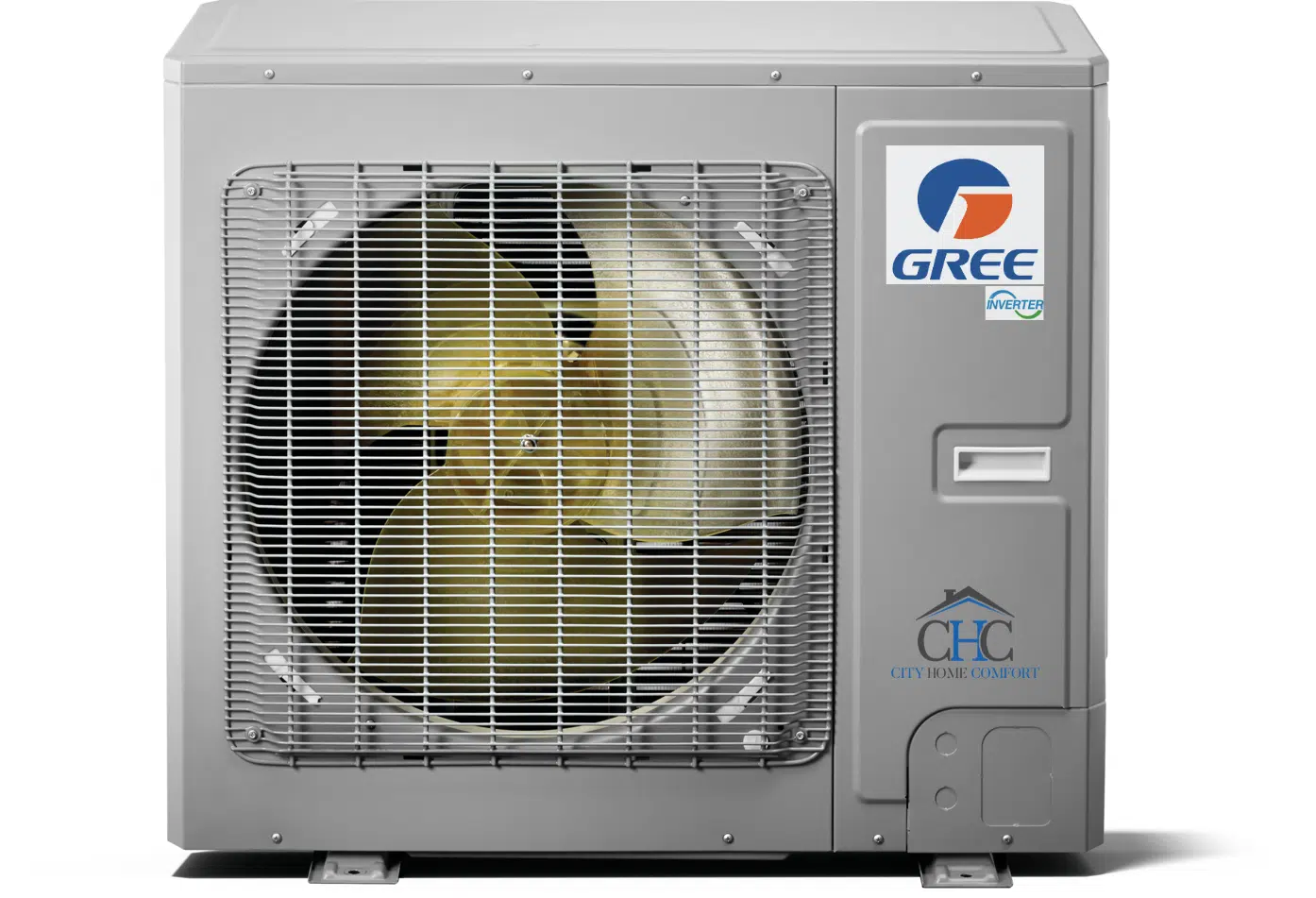 Air conditioning unit with a metallic exterior featuring a front ventilation grille. The Gree logo is visible on the top right, and the CHC City Home Comfort logo is on the bottom right. The unit has a large fan inside.