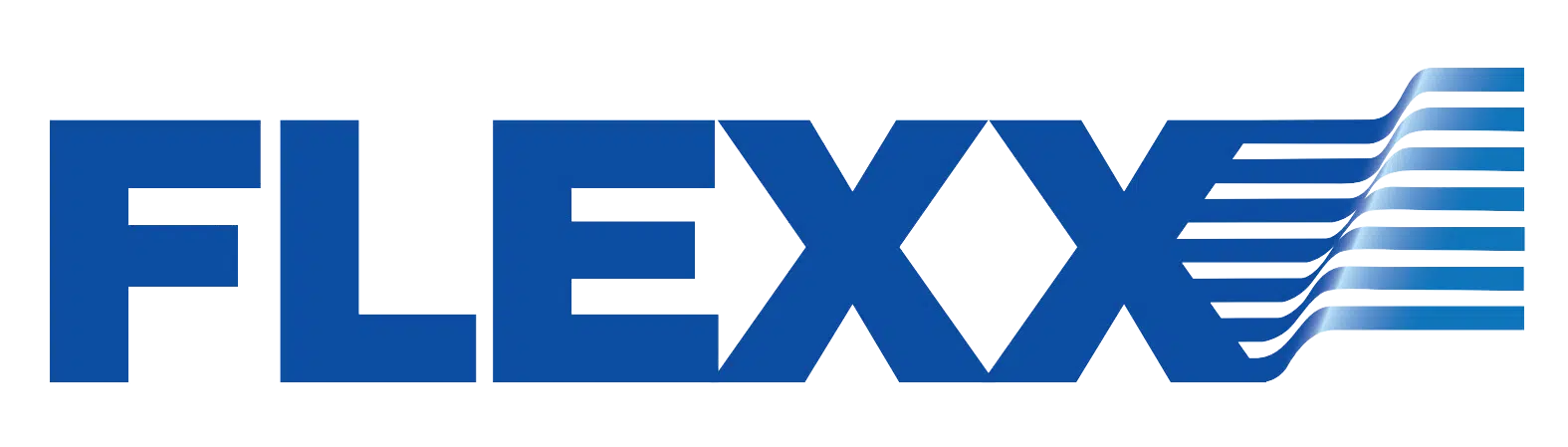 The image shows the word "FLEXX" in bold blue capital letters. The last letter "X" has a design featuring horizontal blue stripes, suggesting movement or speed. The background is transparent.