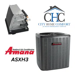 The image showcases the Amana ASXH3 Central Air Conditioner and an evaporator coil, accompanied by the City Home Comfort logo and the message "24-hour emergency service.