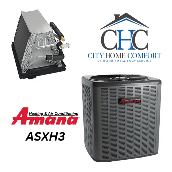 The image showcases the Amana ASXH3 Central Air Conditioner and an evaporator coil, accompanied by the City Home Comfort logo and the message "24-hour emergency service.
