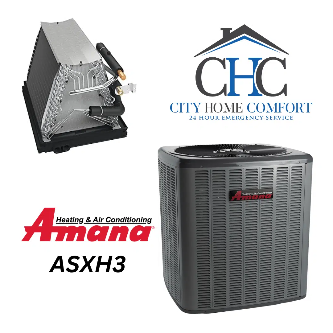 The image showcases the Amana ASXH3 Central Air Conditioner and an evaporator coil, accompanied by the City Home Comfort logo and the message "24-hour emergency service.
