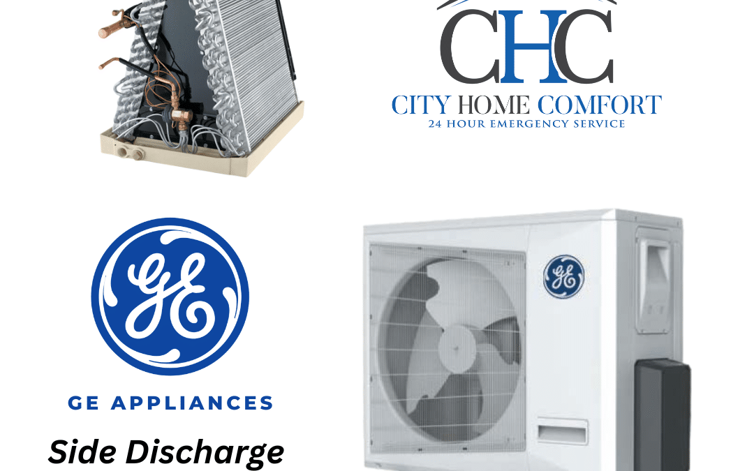 The image showcases various elements related to a GE Side Discharge Central Air Conditioner. Featured are an air conditioner coil, the City Home Comfort logo, and a GE Side Discharge Central Air Conditioner unit. The text reads, "GE Side Discharge Central Air Conditioner.