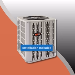 A RunTru A4AC5 Central Air Conditioner with vented panels is displayed on a gray and orange background, featuring a blue banner that reads "Installation Included.