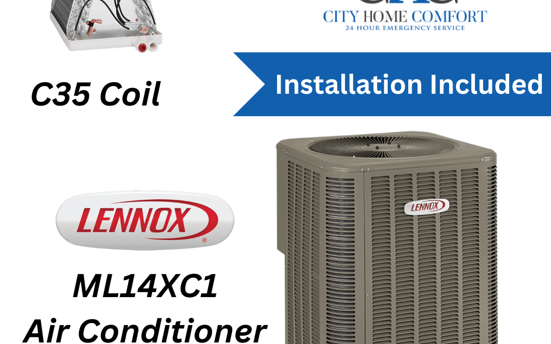 Image depicting a Lennox ML14XC1 Central Air Conditioner in gray, adorned with the Lennox logo, alongside a C35 Coil that exposes its cables and components. The City Home Comfort logo and text confirm that installation services are included.