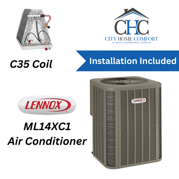 Image depicting a Lennox ML14XC1 Central Air Conditioner in gray, adorned with the Lennox logo, alongside a C35 Coil that exposes its cables and components. The City Home Comfort logo and text confirm that installation services are included.