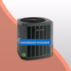 A Trane XR14 Central Air Conditioner is displayed on a red and white background. A blue banner says "Installation Included," and a green label on the unit shows "R-454B.