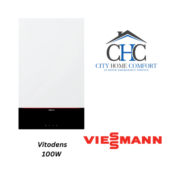 The image features a Viessmann Vitodens 100W Boiler on the left, with the City Home Comfort logo and "24 Hour Emergency Service" elegantly displayed on the right.