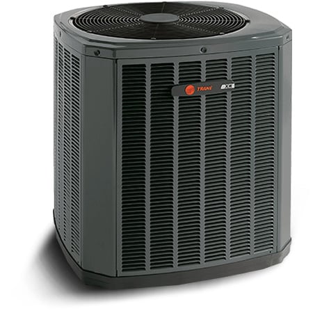 A photo of a Trane XR14 Central Air Conditioner unit. The rectangular unit features rounded edges and a vented exterior. It is dark gray in color with a circular fan on top, and the Trane logo is prominently visible on the front.