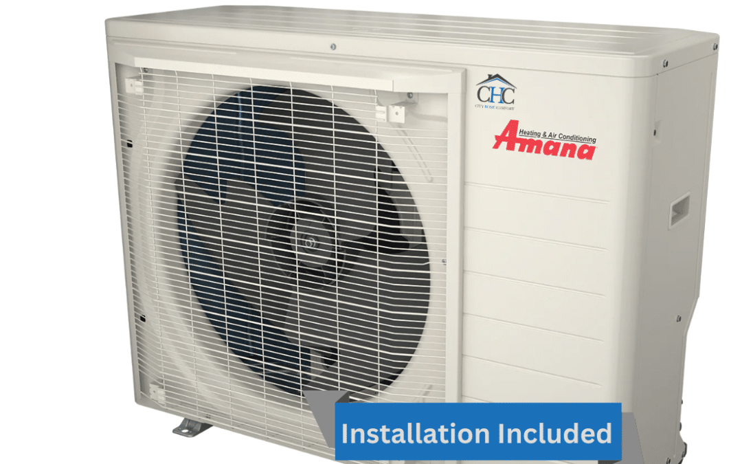A white Amana S-Series ASXS6 Central Air Conditioner features a large front fan and a blue banner labeled "Installation Included." The unit prominently displays the Amana and AHC logos, ensuring top-notch heating and cooling performance.