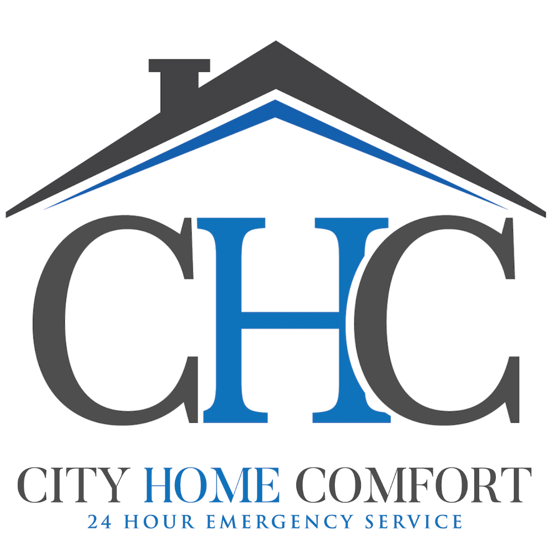A logo for "City Home Comfort" featuring a stylized house with a blue roof and chimney above the bold letters "CHC". Below, the phrase "CITY HOME COMFORT" is printed, with "HOME COMFORT" in blue and "24 HOUR EMERGENCY SERVICE" in smaller blue text beneath it. A logo for "City Home Comfort" featuring a stylized house with a blue roof and chimney above the bold letters "CHC". Below, the phrase "CITY HOME COMFORT" is printed, with "HOME COMFORT" in blue and "24 HOUR EMERGENCY SERVICE" in smaller blue text beneath it.