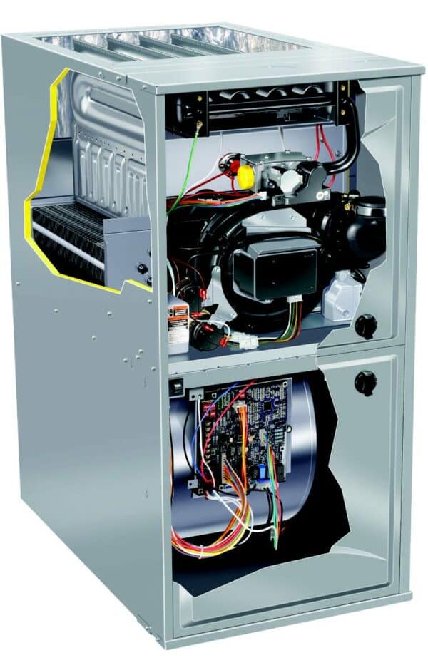A cutaway view of the Keeprite G96VTN QuietComfort 96 Gas Furnace showcasing its internal components. The image reveals the intricate wiring, blower motor, heat exchanger, and control board. The front panel is removed to display the detailed inner workings of the heating unit.
