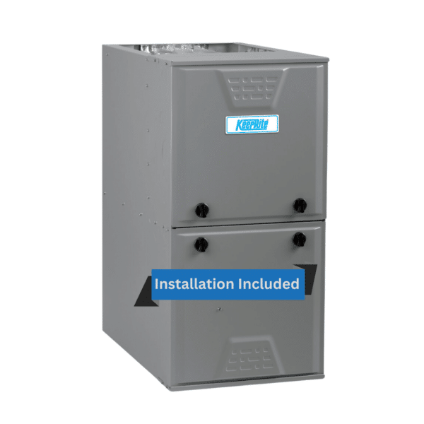A gray Keeprite G96VTN QuietComfort 96 Gas Furnace with two compartments and a label that reads "Installation Included" on a blue banner. The QuietComfort furnace features a rectangular shape and a removable panel for easy access to internal components.