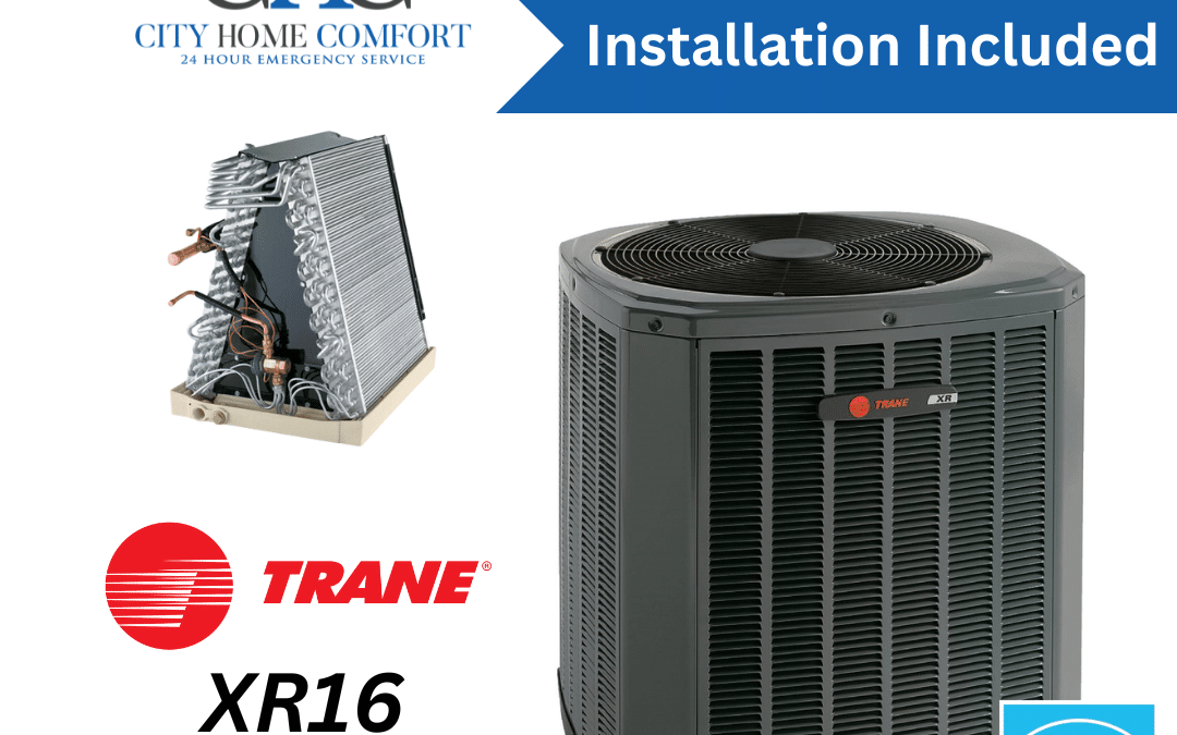 Image showcasing Trane HVAC equipment, specifically the XR16 Central Air Conditioner. The image features logos for Trane, City Home Comfort (with text "Installation Included"), and Energy Star certification. A component of the HVAC system is visibly displayed on the left.