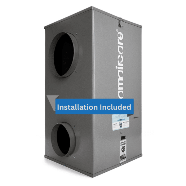 A gray Amaircare Airwash Whisper Central HEPA Air Cleaner unit features two round vent openings, a logo on the side, and a blue banner stating "Installation Included." This cylindrical air cleaner has a rectangular housing and safety certification labels at the bottom.