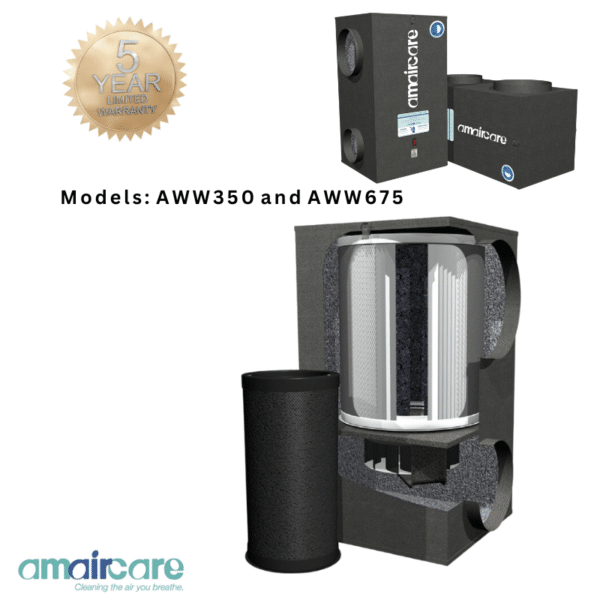 Diagram of the Amaircare Airwash Whisper 350 and Airwash Whisper 675 Central HEPA Air Cleaner models, each in their black casings with one displayed showing its interior components, including HEPA filters. The Amaircare logo and a "5 Year Limited Warranty" badge are visible.