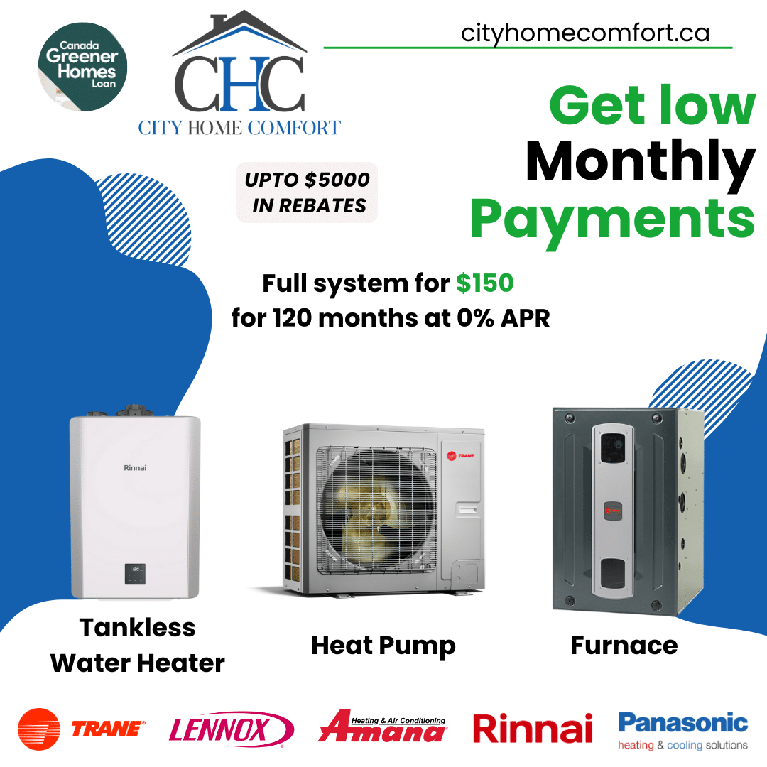 Ad for City Home Comfort. Features images of a tankless water heater, heat pump, and furnace. Offers up to 00 in rebates, with full system for 0 monthly over 120 months at 0% APR. Highlights Trane, Lennox, Amana, Rinnai, Panasonic brands.