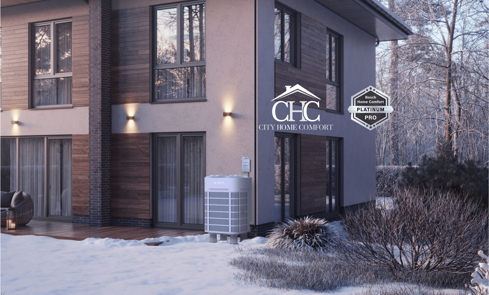 A modern two-story house in a snowy landscape features a visible heating and cooling unit outside. The house has large windows, and there are trees in the background. Logos for City Home Comfort and Daikin Home Comfort Pro Platinum are displayed.