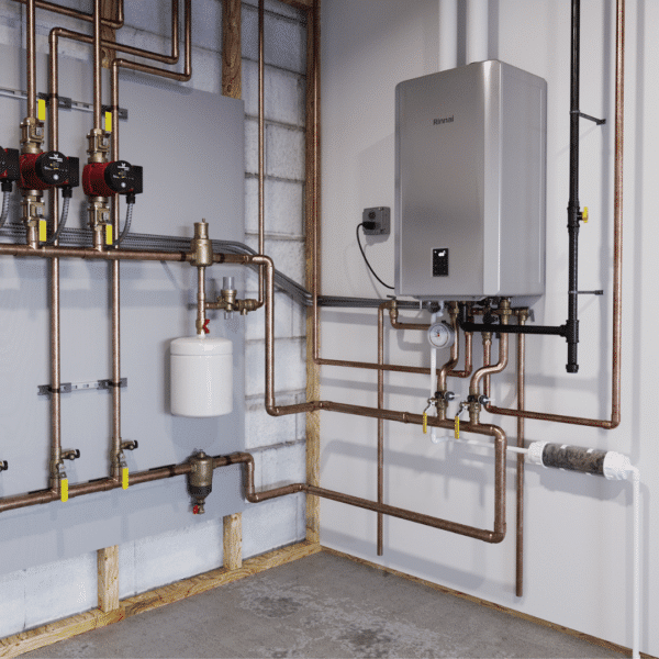 In the basement utility area, a New Rinnai I-Series Plus Combi and Heat Only Boiler is mounted on the wall, intricately connected to copper piping. This efficient setup features various valves and a small expansion tank, all set against a backdrop of concrete flooring and cinder block walls.