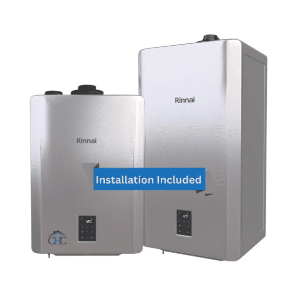 The image features two New Rinnai I-Series Plus Combi and Heat Only Boilers in white, set against a matching background. A blue label with the message "Installation Included" is displayed prominently across these efficient heaters.