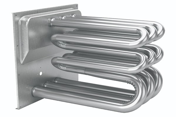 A metal U-bend heat exchanger with multiple curved tubes is mounted on a rectangular metal plate. The design features several parallel tubes arranged vertically and connected to the plate at one end.