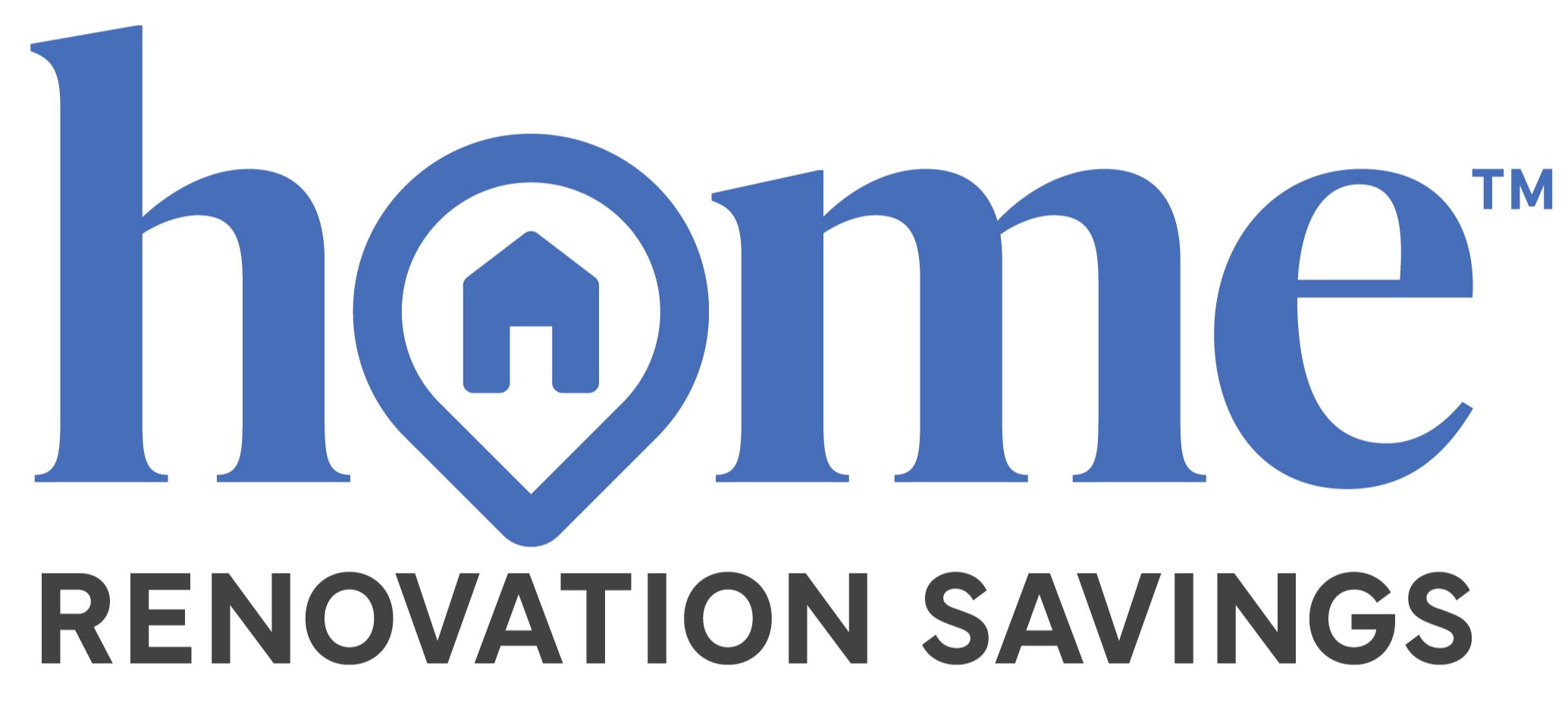 Logo for "Home Renovation Savings." The word "home" is in blue lowercase letters, with a house icon inside a location pin replacing the letter "o." "Renovation Savings" is written below in black capital letters.