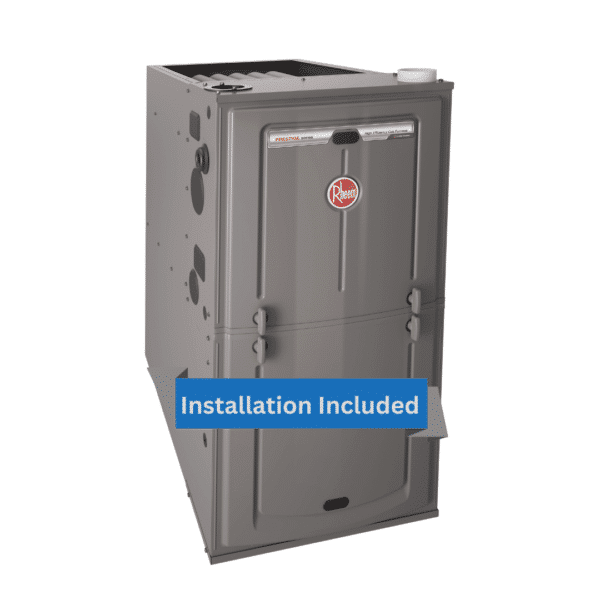 The image displays a metallic gray Rheem R962V 2-Stage Variable Speed Furnace from the Classic Plus® Series. A blue banner reading "Installation Included" highlights this advanced model.
