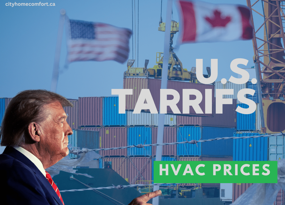 Trump is pointing, with the U.S. and Canadian flags visible behind him. Shipping containers and a crane set the scene, highlighting "U.S. Tariffs: HVAC Prices." Logos and website text are present in the corners, emphasizing the cross-border economic impact.