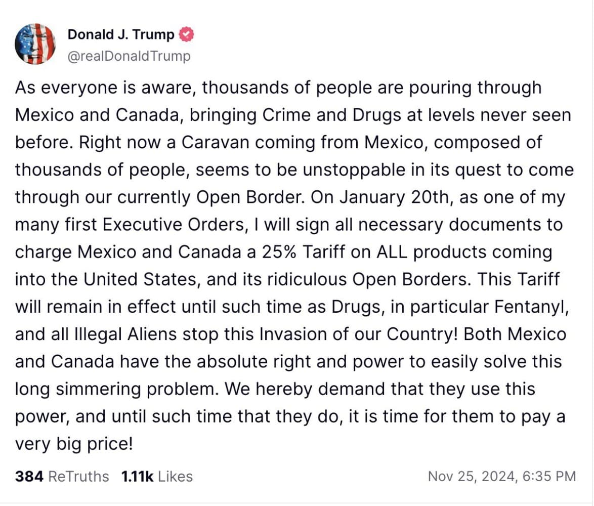 Screenshot of a social media post purportedly by Donald J. Trump. The text discusses caravans from Mexico, tariffs on Mexican goods, and blaming Mexico and Canada for open borders. The post shows 38 retweets and 1.11k likes.