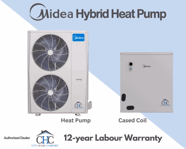 Image showing two Midea Hybrid Heat Pump units: a vertical Hybrid Heat Pump on the left and a Dual-Fuel Ready cased coil on the right. Text mentions a 12-year labour warranty and highlights CHC City Home Comfort as an authorized dealer.