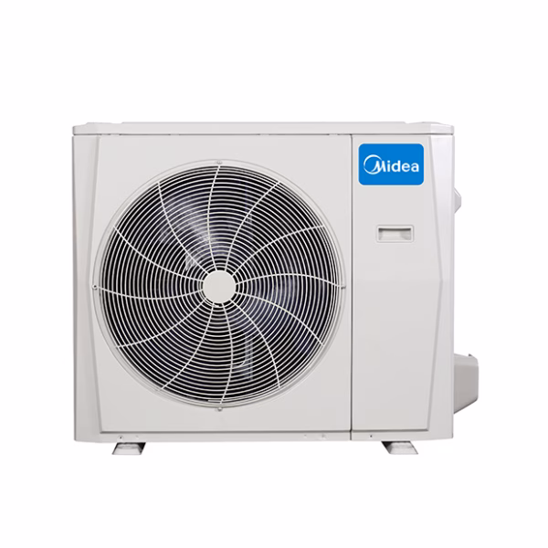 The Midea EVOX R410 DLCURAH Hybrid Heat Pump + Cased Coil (Dual-Fuel Ready) is a white outdoor unit with a large circular front fan and the Midea logo at the upper right, shown from the front against a plain white background.