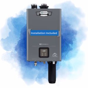 The AO Smith Adapt SC ATM-199X3 Tankless Water Heater With X3 Scale Prevention – 199,000 BTU, in gray, appears against a blue watercolor background. A display panel and connection points visible.