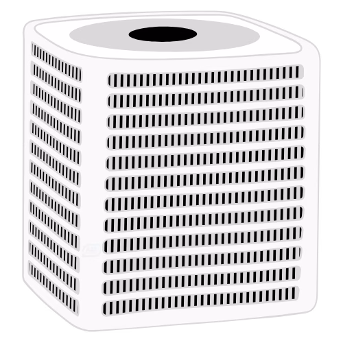 A simple illustration of a white, rectangular air conditioning unit with horizontal vents on all sides and a circular opening on the top.
