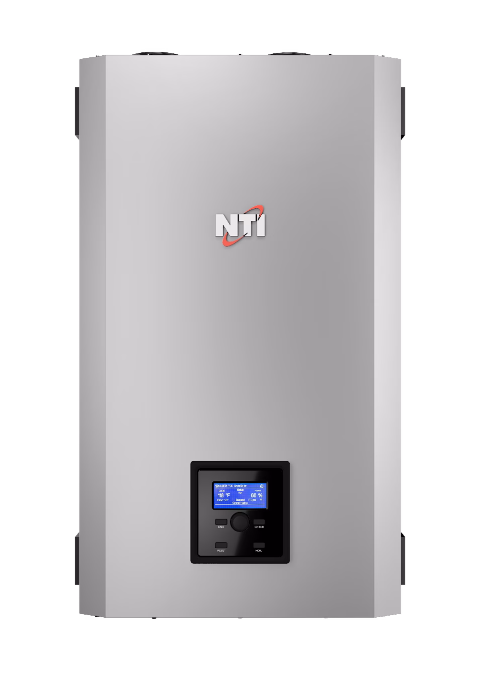 A silver NTI-branded wall-mounted device with a small display screen and control buttons near the bottom, set against a plain white background.
