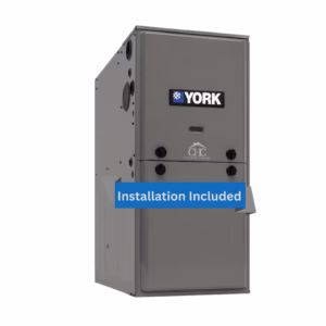 A large, upright gray York Y92E 97% AFUE 2-Stage Multispeed ECM Gas Furnace (A2L-Compatible, Ultra-Quiet) with a "CHC" logo on the front and a blue "Installation Included" banner is shown against a plain white background.