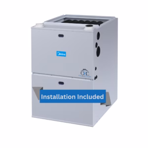 A silver Midea MGV96 96% 2-Stage Variable Speed ECM Gas Furnace with visible vents and connections is shown with the CHC City Home Comfort logo. A blue banner states “Installation Included,” emphasizing furnace installation as part of the offer. - City Home Comfort A silver Midea MGV96 96% 2-Stage Variable Speed ECM Gas Furnace with visible vents and connections is shown with the CHC City Home Comfort logo. A blue banner states “Installation Included,” emphasizing furnace installation as part of the offer.