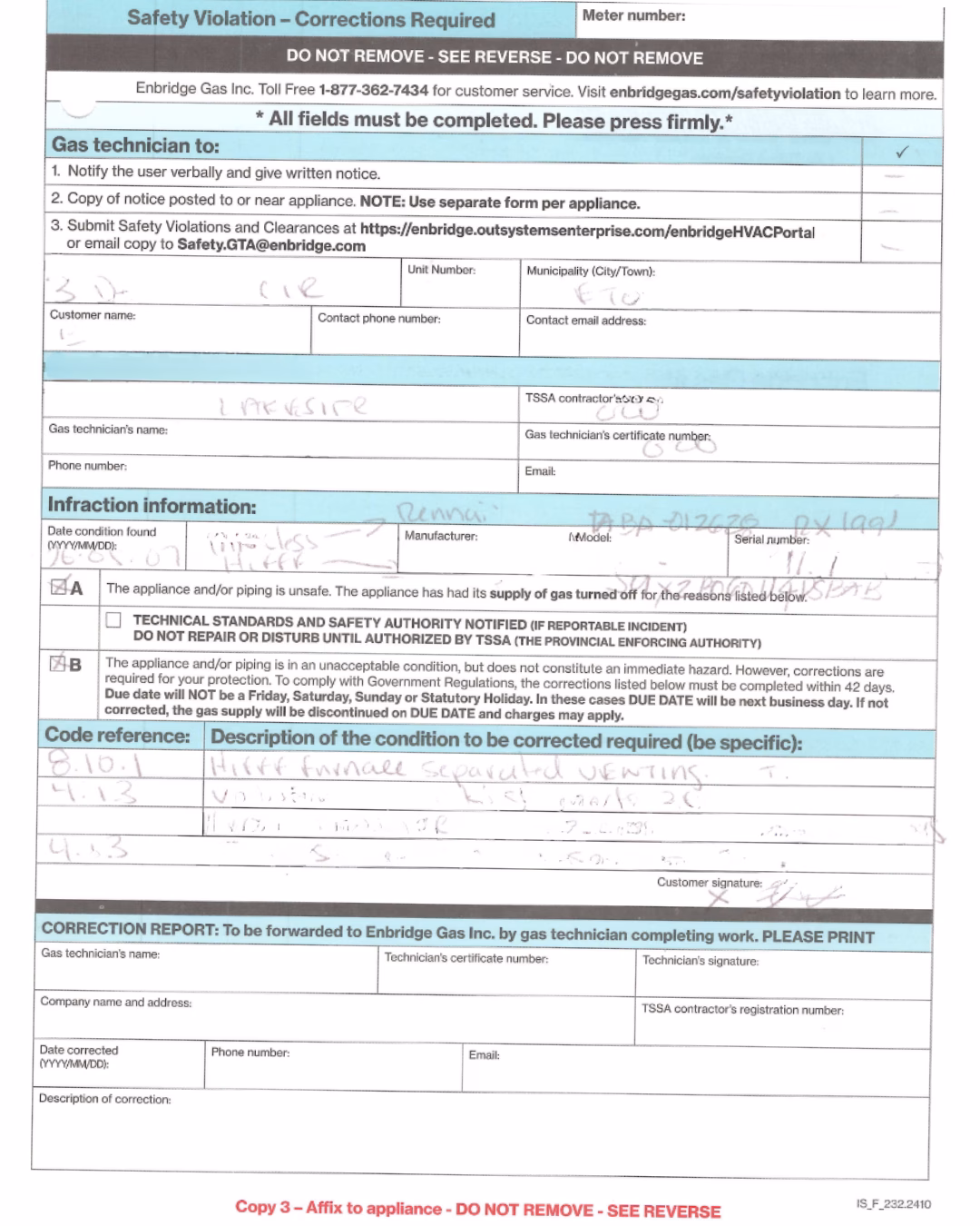 Example of an Ontario gas appliance safety violation notice for a red-tagged furnace